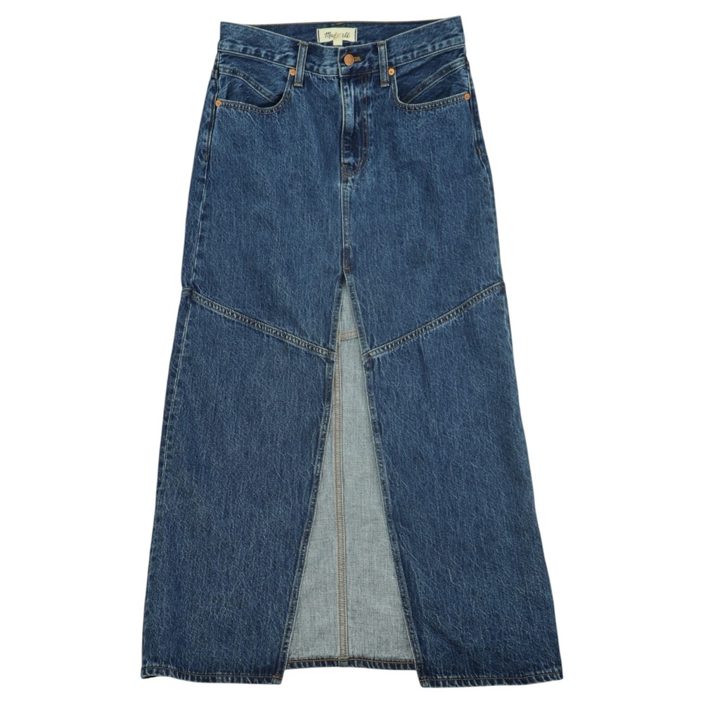 Madewell Denim Maxi Skirt 26 Front Slit Panel A-Line Cotton Western Boho
